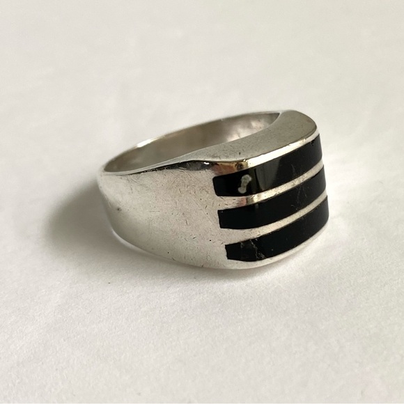 Vintage Sterling Silver Black Onyx Inlay Ring Mexico Heavy Solid Unisex Size 13 - Picture 4 of 15